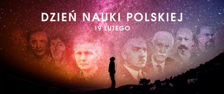 baner przedstawia sylwetki kilku polskich naukowców. Po środku grafiki czarna sylwetka człowieka spoglądająca w górę