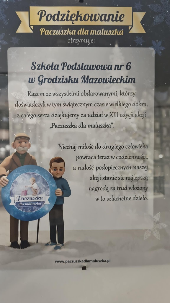 Dyplom-podziękowanie za zorganizowanie akcji paczuszka dla maluszka
