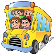 Rysunek przedstawia żółty autobus przez którego okna wyglądają uśmiechnięte, dziecięce buzie