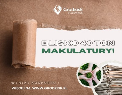 grafika podsumowująca konkurs zbierania makulatury_i napis BLISKO 40 TON MAKULATURY