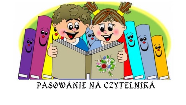 Rysunek przedstawia dwójkę dzieci pochylonych nad otwartą księgą. Na drugim planie widać grzbiety książek na których narysowano uśmieszki.